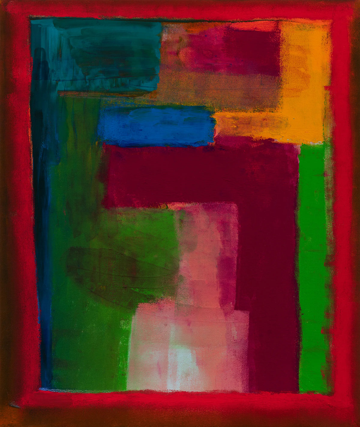 Abstract art piece with colorful geometric shapes on a red background