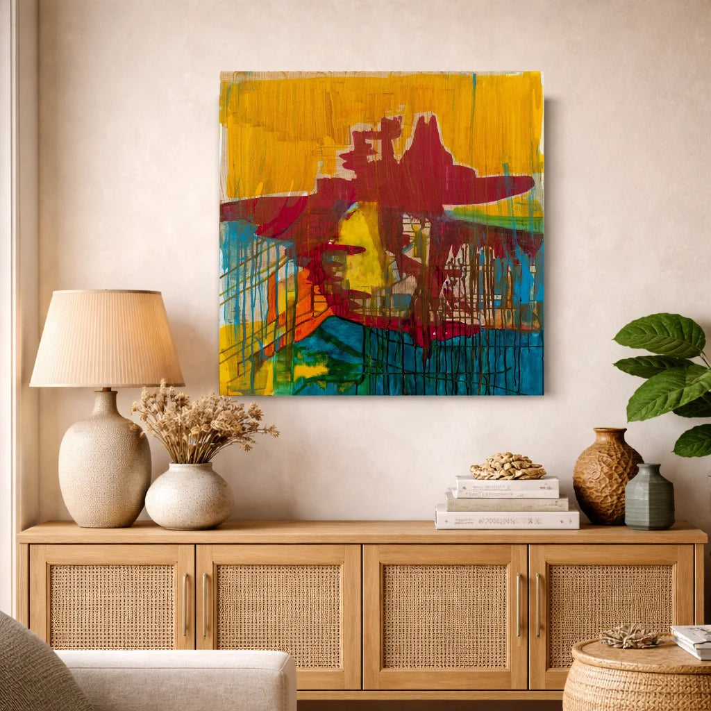 Abstract painting on a wall above a wooden cabinet with decorative items.