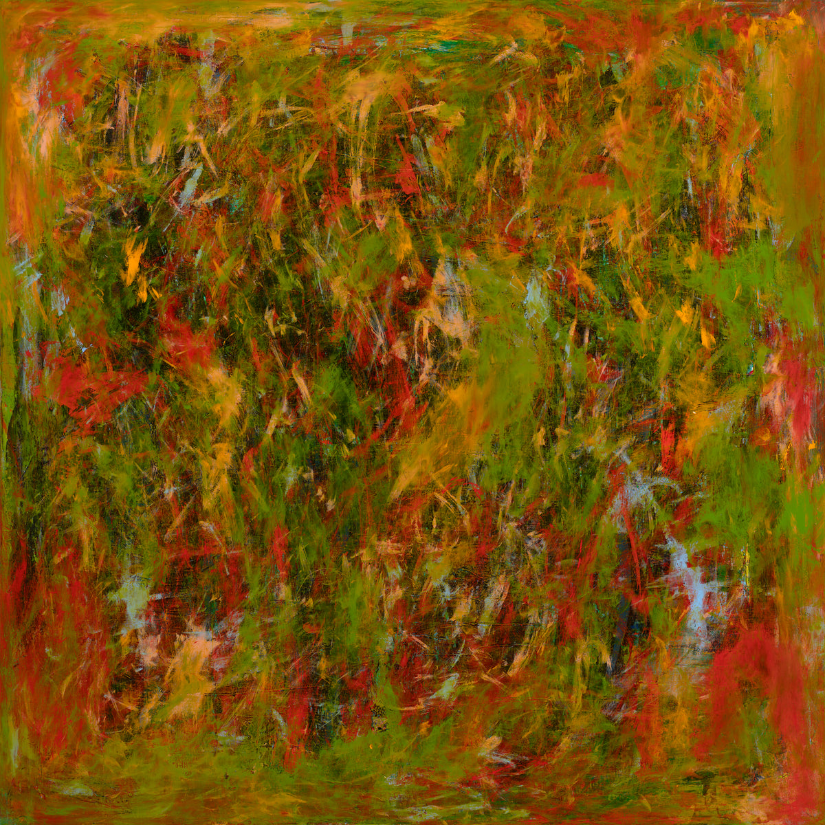 'Not All Love Is Innocent' is a bold abstract fine art print with layered green, red, and yellow tones. A modern expressive wall art piece that adds depth, intensity, and a striking focal point to any space.