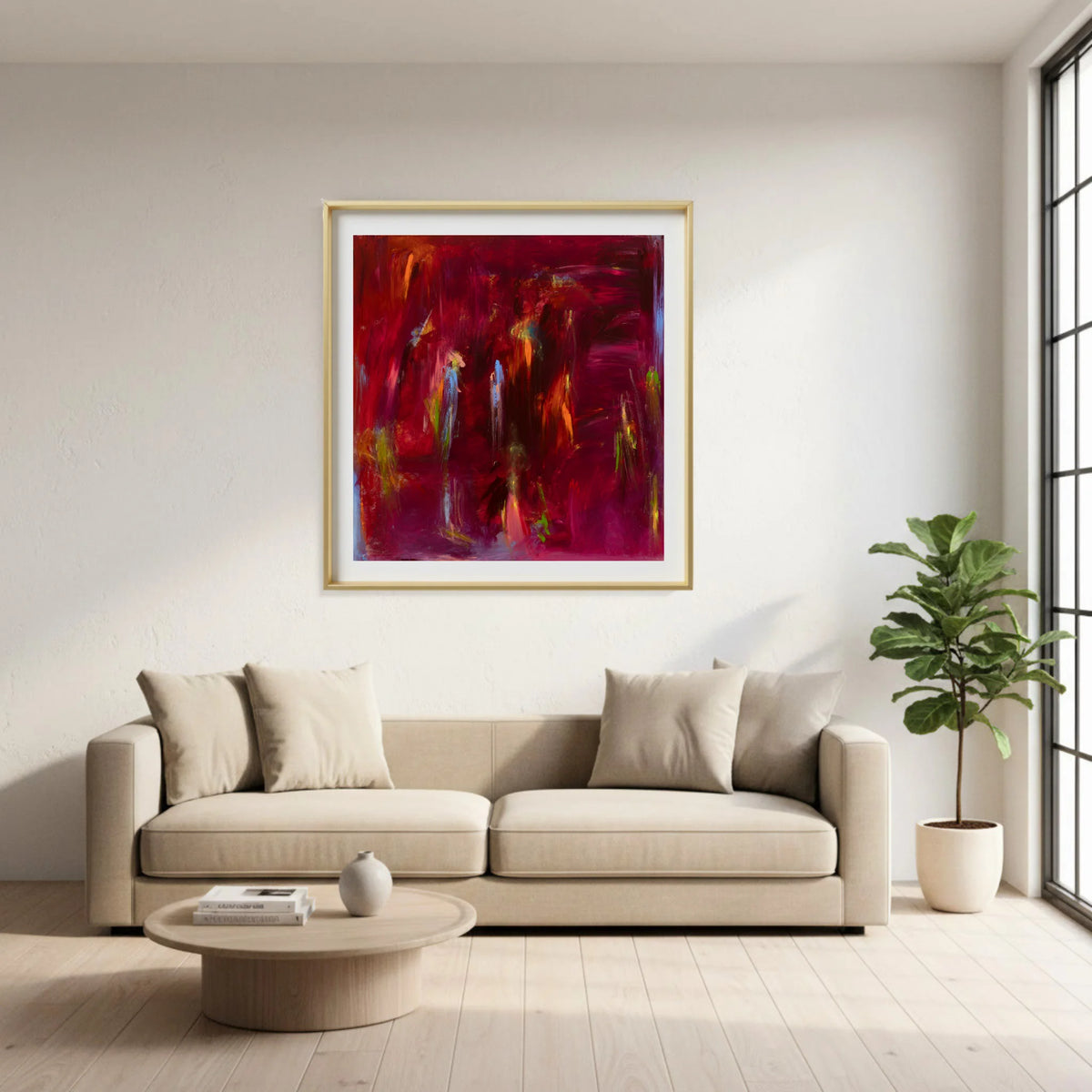 Modern living room with a beige sofa, round coffee table, and abstract painting on the wall.