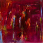 Abstract painting with vibrant red, purple, and green colors
