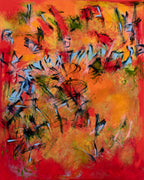 Abstract art with bold red, orange, and black brush strokes on a canvas.