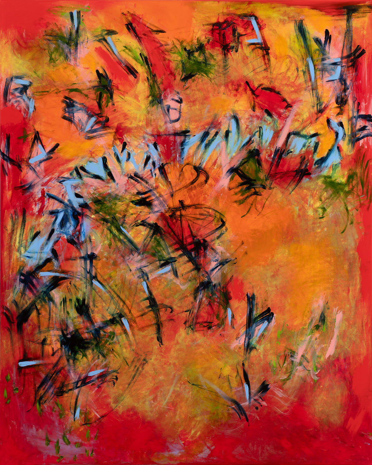 Abstract art with bold red, orange, and black brush strokes on a canvas.