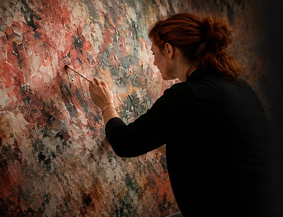 Person painting on a textured wall with text about an artist named Toni.