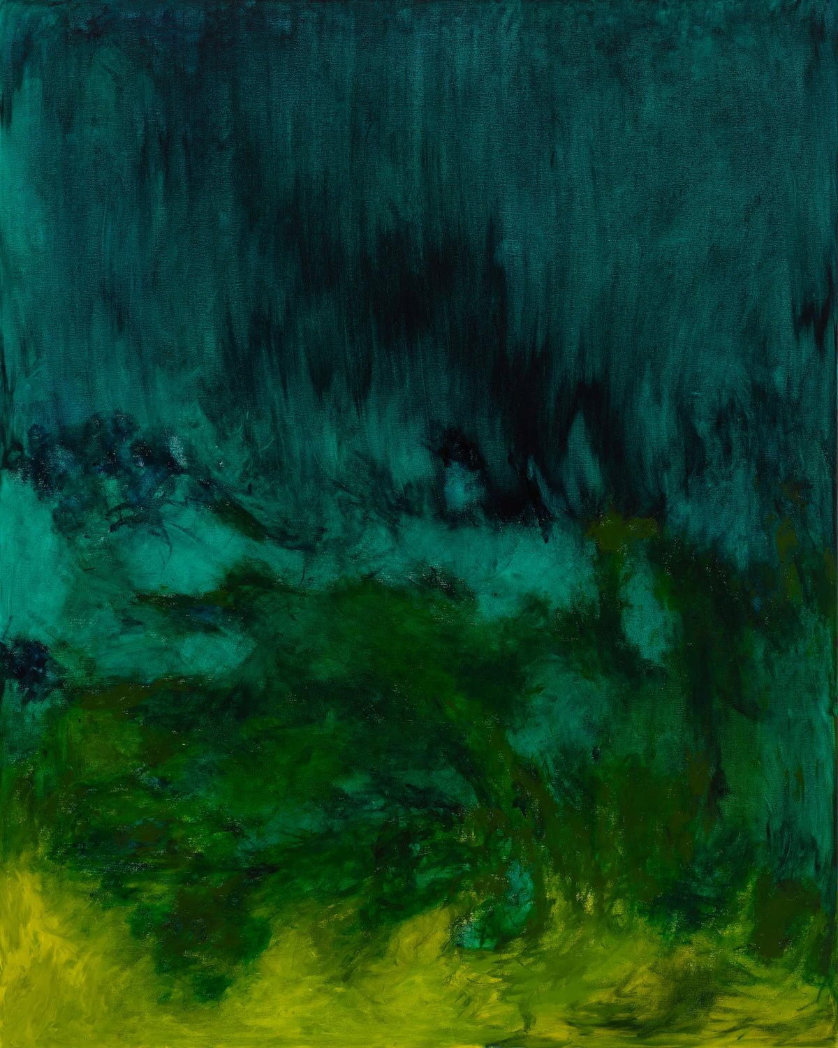 Abstract painting with teal, green, and yellow hues