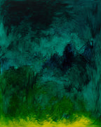 Abstract painting with teal, green, and yellow colors
