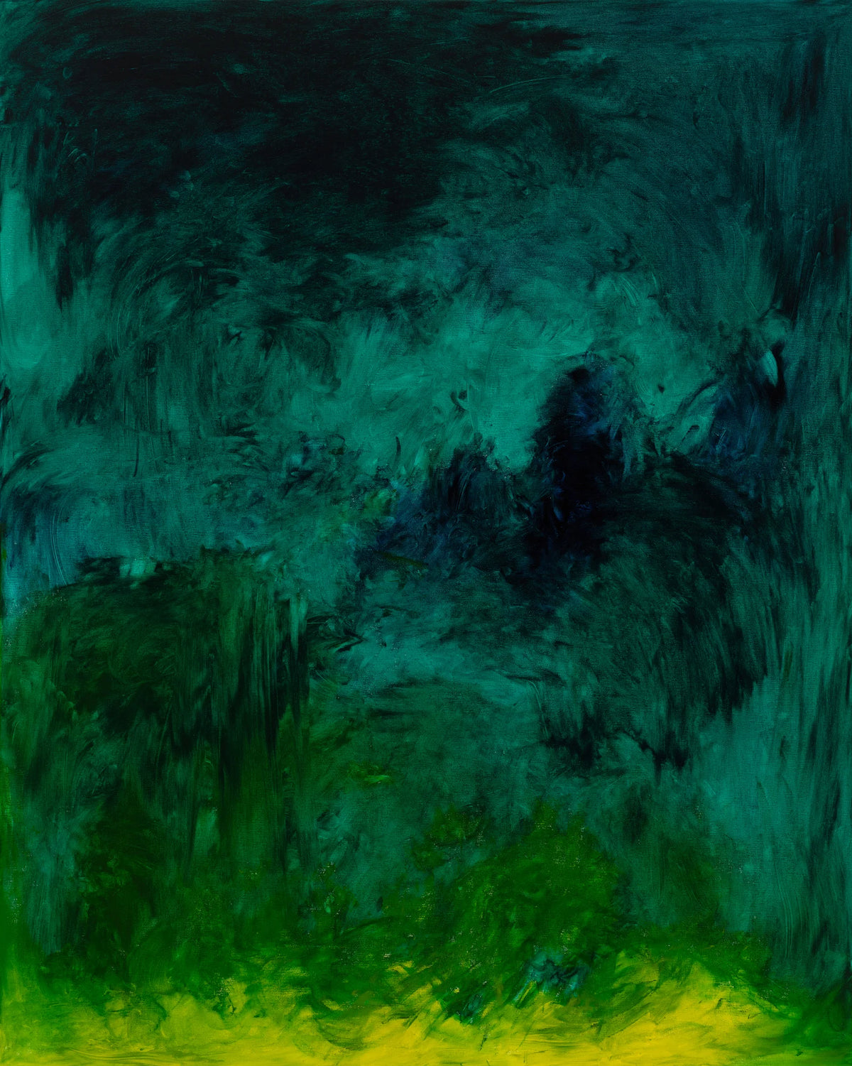 Abstract painting with teal, green, and yellow colors