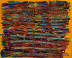 Abstract art with horizontal stripes in various colors on a yellow background