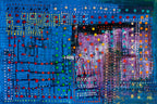 Abstract artwork with colorful dots on a blue background